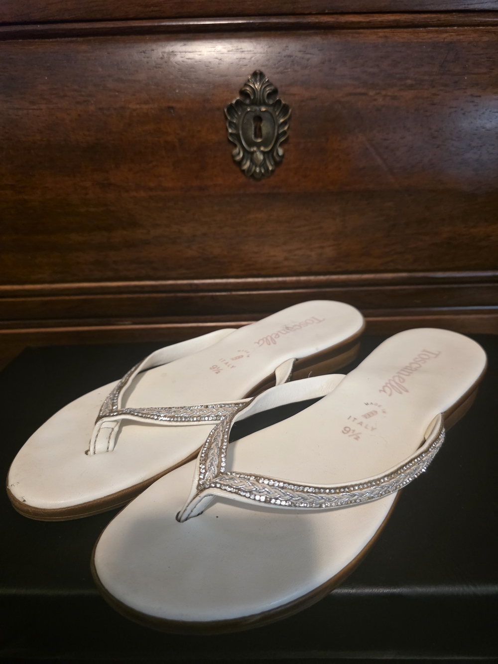 Crystal-Trim White Thong Sandals for Women